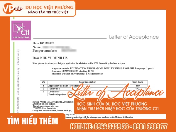 Thư mời nhập học của học sinh team Việt Phương