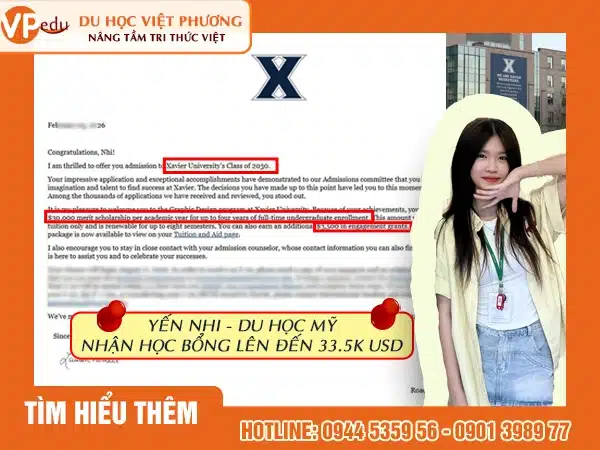 Học sinh Yến Nhi của Du học Việt Phương đạt học bổng lên đến 33,500 USD