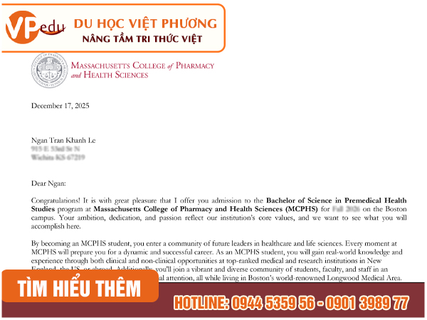 Offer nhập học trường MCPHS của học sinh team Việt Phương