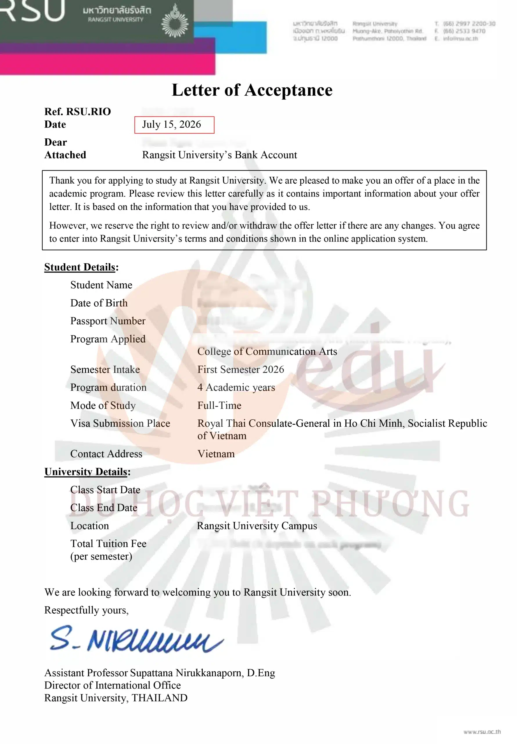 Trường Rangsit Thái Lan - Thông tin chi tiết Việt Phương 3 Học sinh của Du học Việt Phương trở thành sinh viên của trường Rangsit Thái Lan